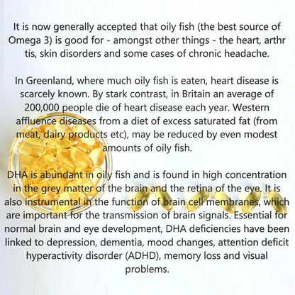 Clear glass bowl filled with golden yellow Omega-3 softgel capsules against a background of informative health text.