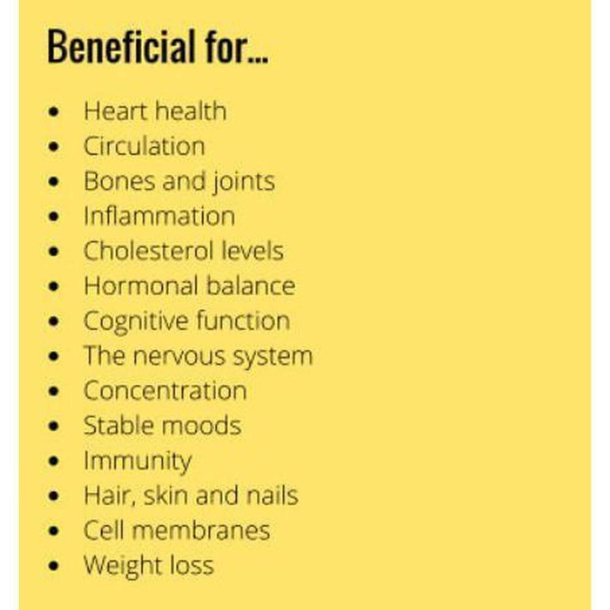 Yellow infographic list of health benefits for VitaDHA Omega 3-6-9 oil, including heart, brain, and joint support.