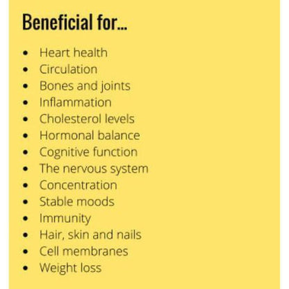Yellow infographic list of health benefits for VitaDHA Omega 3-6-9 oil, including heart, brain, and joint support.