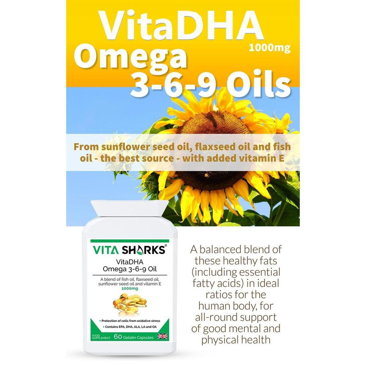 VitaDHA Omega 3-6-9 supplement bottle with sunflower imagery, featuring 1000mg fish, flax, and sunflower oil capsules.