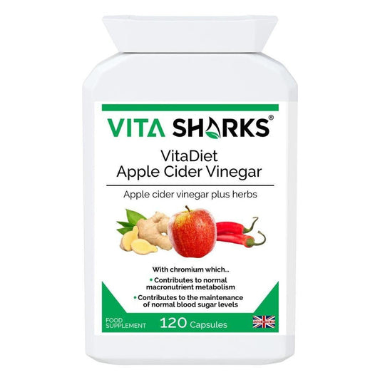 White bottle of VitaDiet Apple Cider Vinegar capsules with an apple, ginger, and chili graphic on the label.