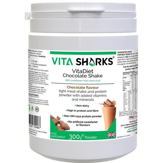 White 300g tub of VitaDiet Chocolate Shake powder with green branding, nutritional info, and chocolate imagery.