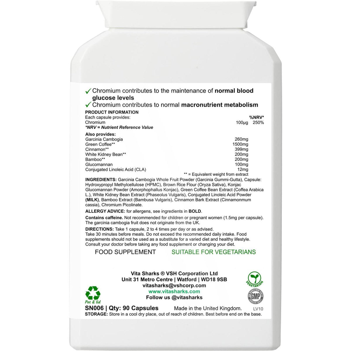 White plastic supplement bottle showing a detailed ingredient label for VitaDiet Garcinia Cambogia capsules.