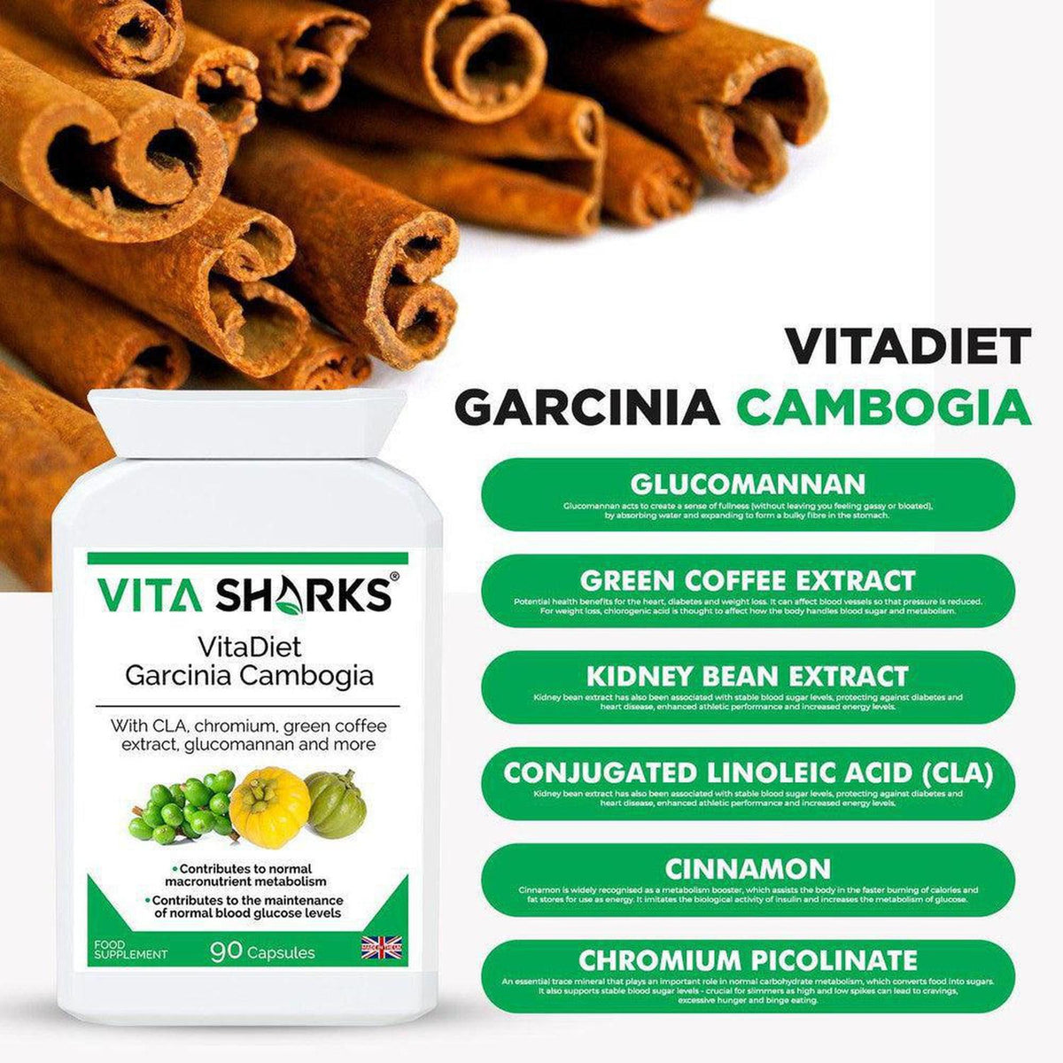 VitaDiet Garcinia Cambogia supplement bottle with ingredient list and cinnamon sticks on a white background.