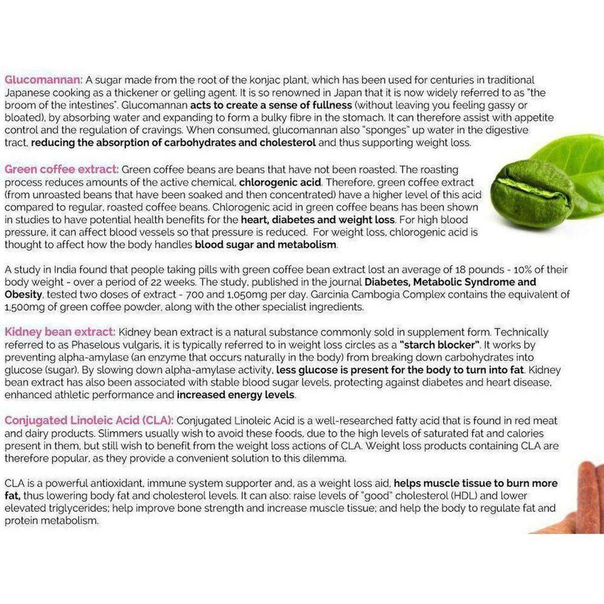 Educational infographic on VitaDiet supplement ingredients featuring green coffee beans and kidney bean illustrations.