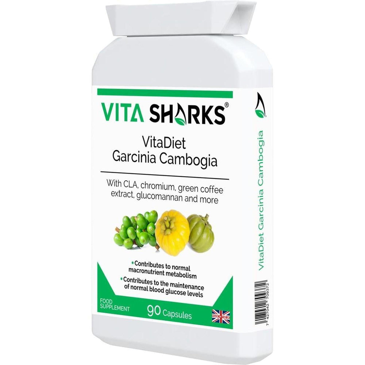 White supplement bottle of VitaDiet Garcinia Cambogia with green accents, featuring images of green and yellow fruit.