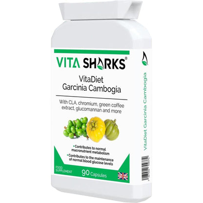 White supplement bottle of VitaDiet Garcinia Cambogia with green accents, featuring images of green and yellow fruit.