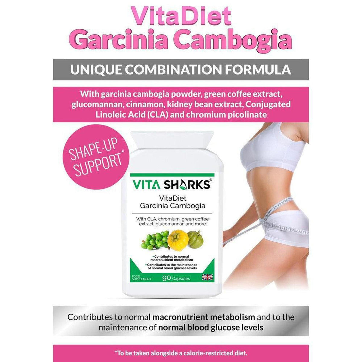 VitaDiet Garcinia Cambogia supplement bottle with 90 capsules, featuring green fruit graphics and a woman measuring her waist.