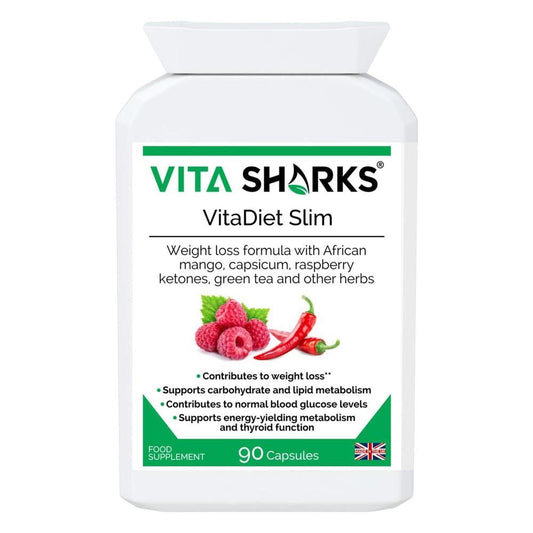 White bottle of VitaDiet Slim capsules with a label featuring raspberries, a red chili pepper, and supplement details.