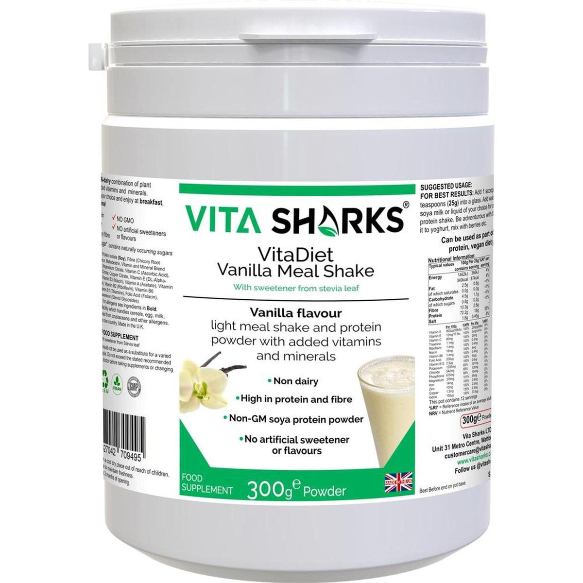 VitaDiet Vanilla Meal Shake 300g white tub with green label, vanilla flower, and glass of creamy protein shake.
