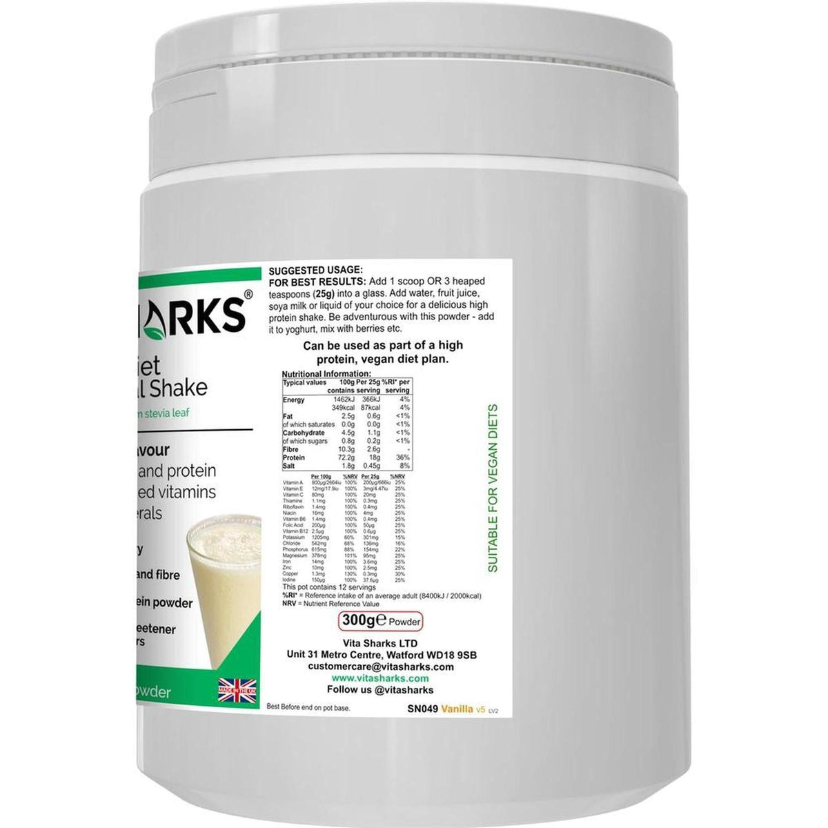 White 300g tub of VitaDiet Vanilla Meal Shake featuring a clear label with nutritional information and usage instructions.