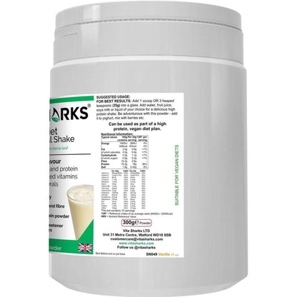 White 300g tub of VitaDiet Vanilla Meal Shake featuring a clear label with nutritional information and usage instructions.