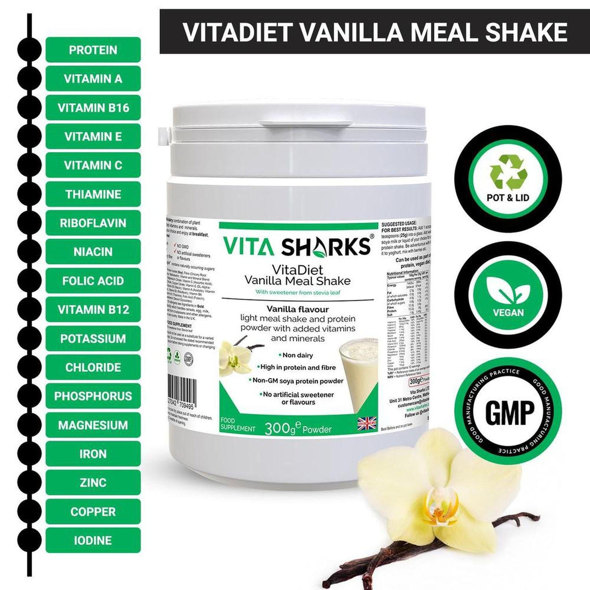 VitaDiet Vanilla Meal Shake tub with a list of vitamins, vegan and GMP certification icons, and a vanilla flower garnish.