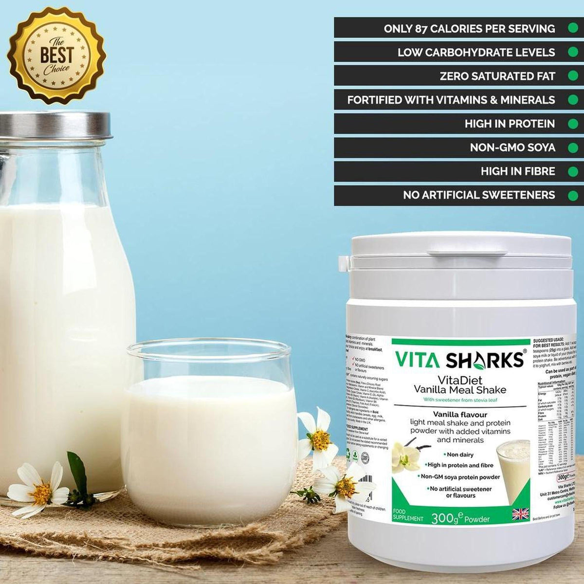 VitaDiet Vanilla Meal Shake tub next to a glass of creamy shake, featuring nutritional benefit highlights on a dark background.