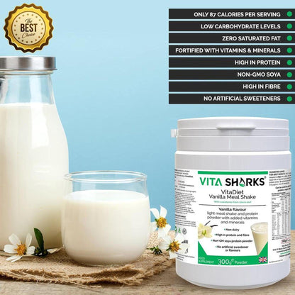 VitaDiet Vanilla Meal Shake tub next to a glass of creamy shake, featuring nutritional benefit highlights on a dark background.