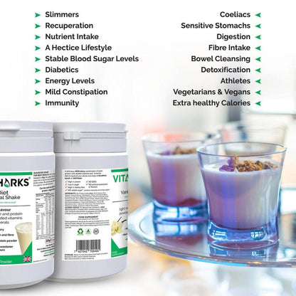 VitaDiet Vanilla Meal Shake tubs next to a glass of smoothie, with a list of health benefits and target audiences.
