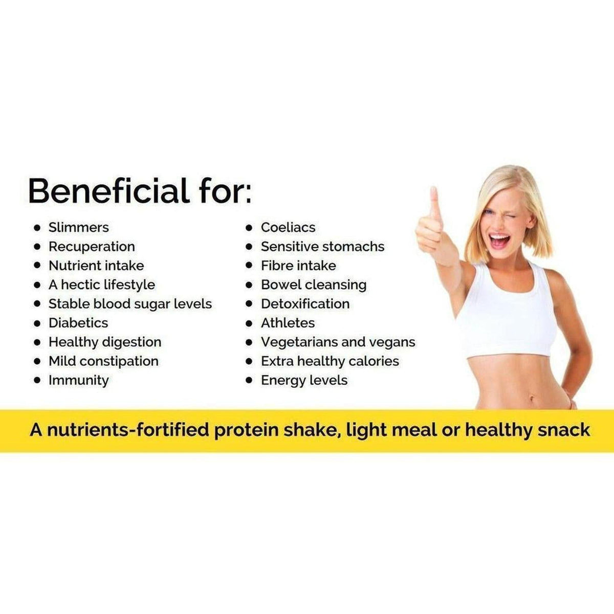 Smiling woman in a white sports bra giving a thumbs up next to a list of health benefits for VitaDiet meal shake.