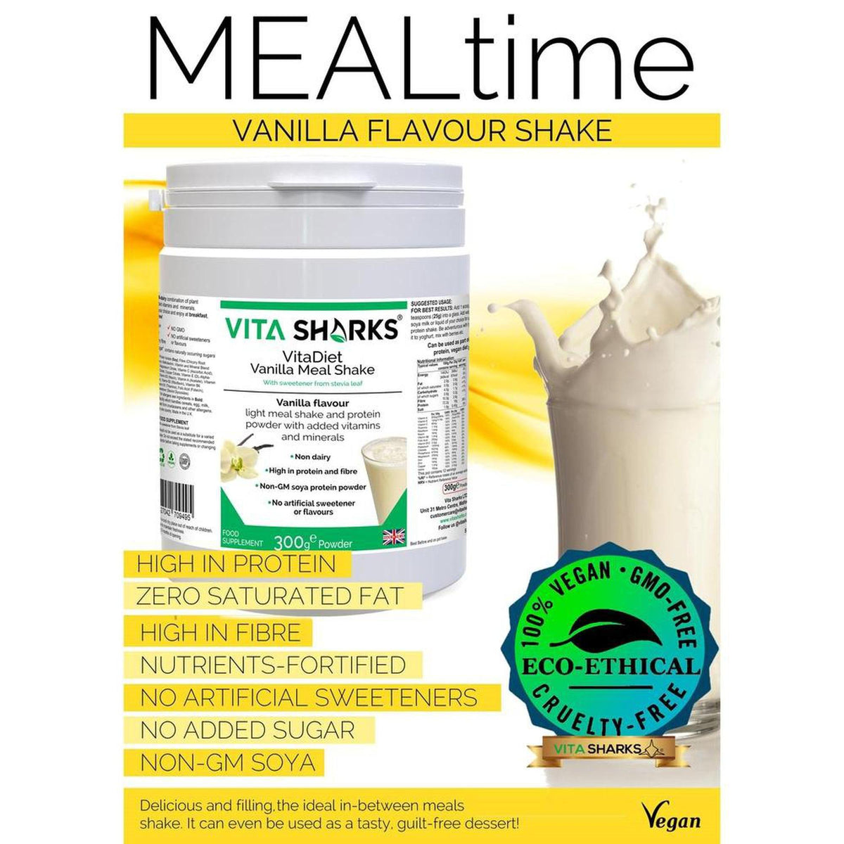 VitaDiet Vanilla Meal Shake tub with a splash of creamy liquid, vegan and non-GMO labels on a white background.