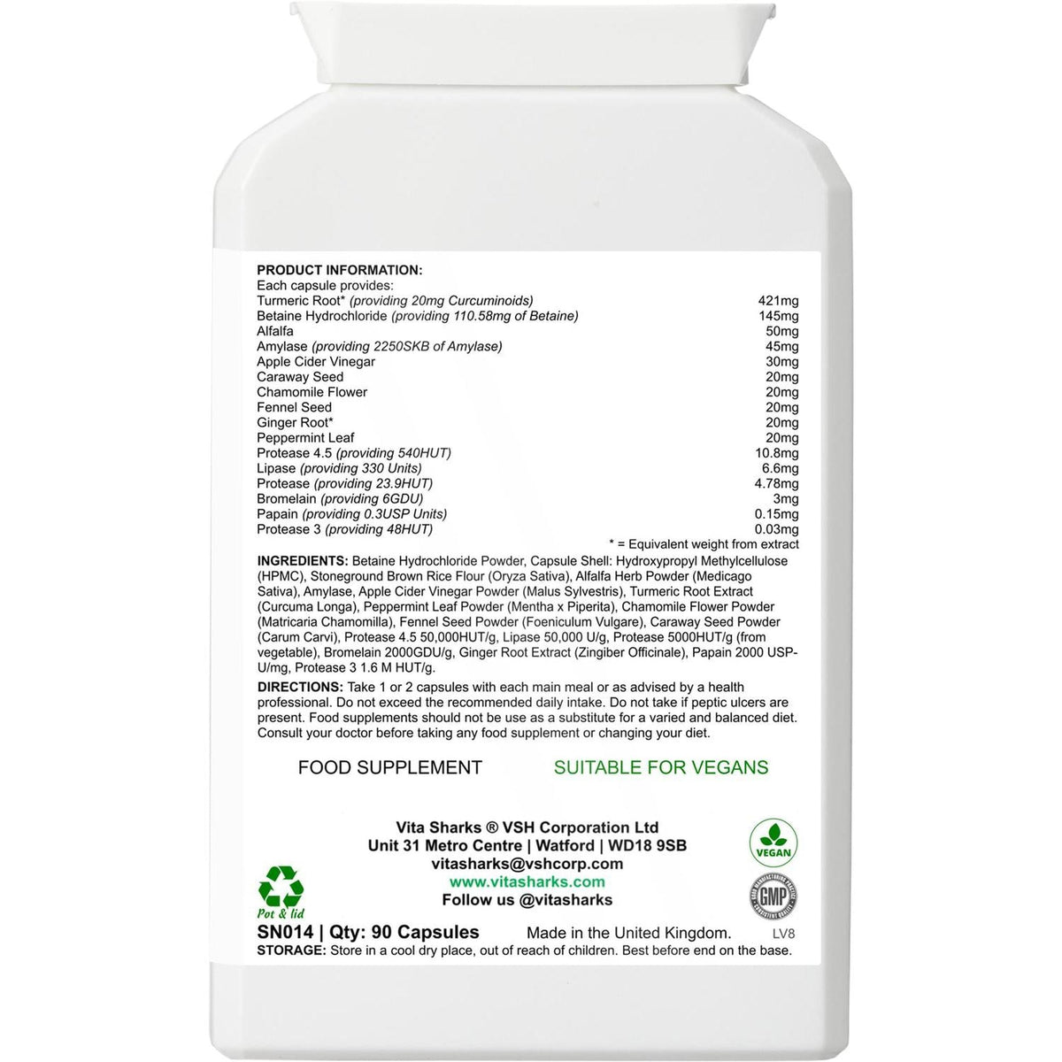 White plastic bottle of VitaDigest supplement showing the product information label with ingredients and vegan icons.