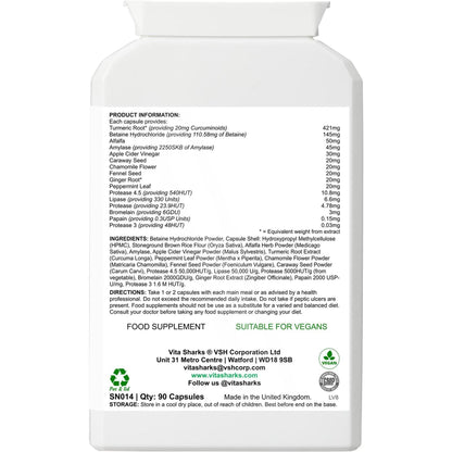 White plastic bottle of VitaDigest supplement showing the product information label with ingredients and vegan icons.
