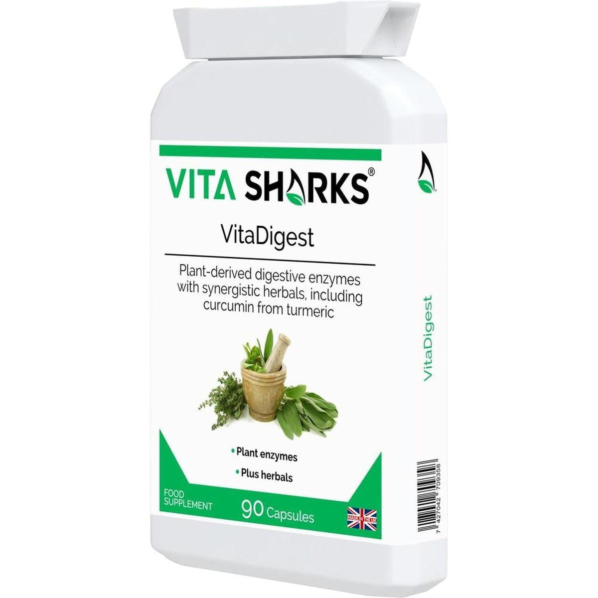 White plastic bottle of VitaDigest capsules with green branding, herbal imagery, and 90-capsule count label.