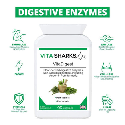 White VitaDigest supplement bottle with green labels, featuring herbal illustrations and icons for digestive enzymes.