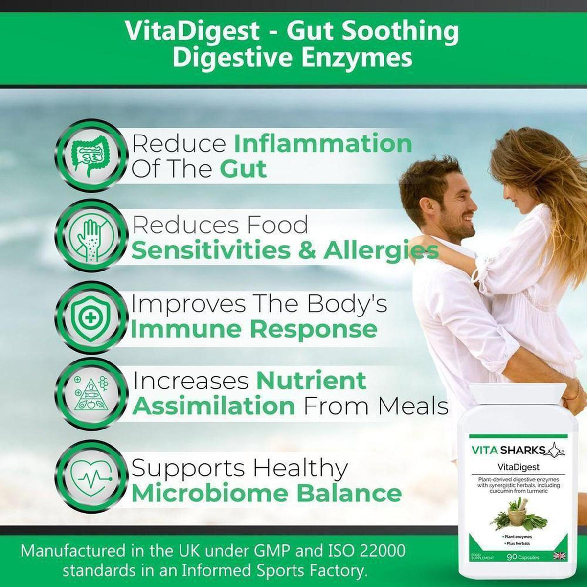 VitaDigest supplement bottle with green text and icons listing digestive health benefits against a beach background.