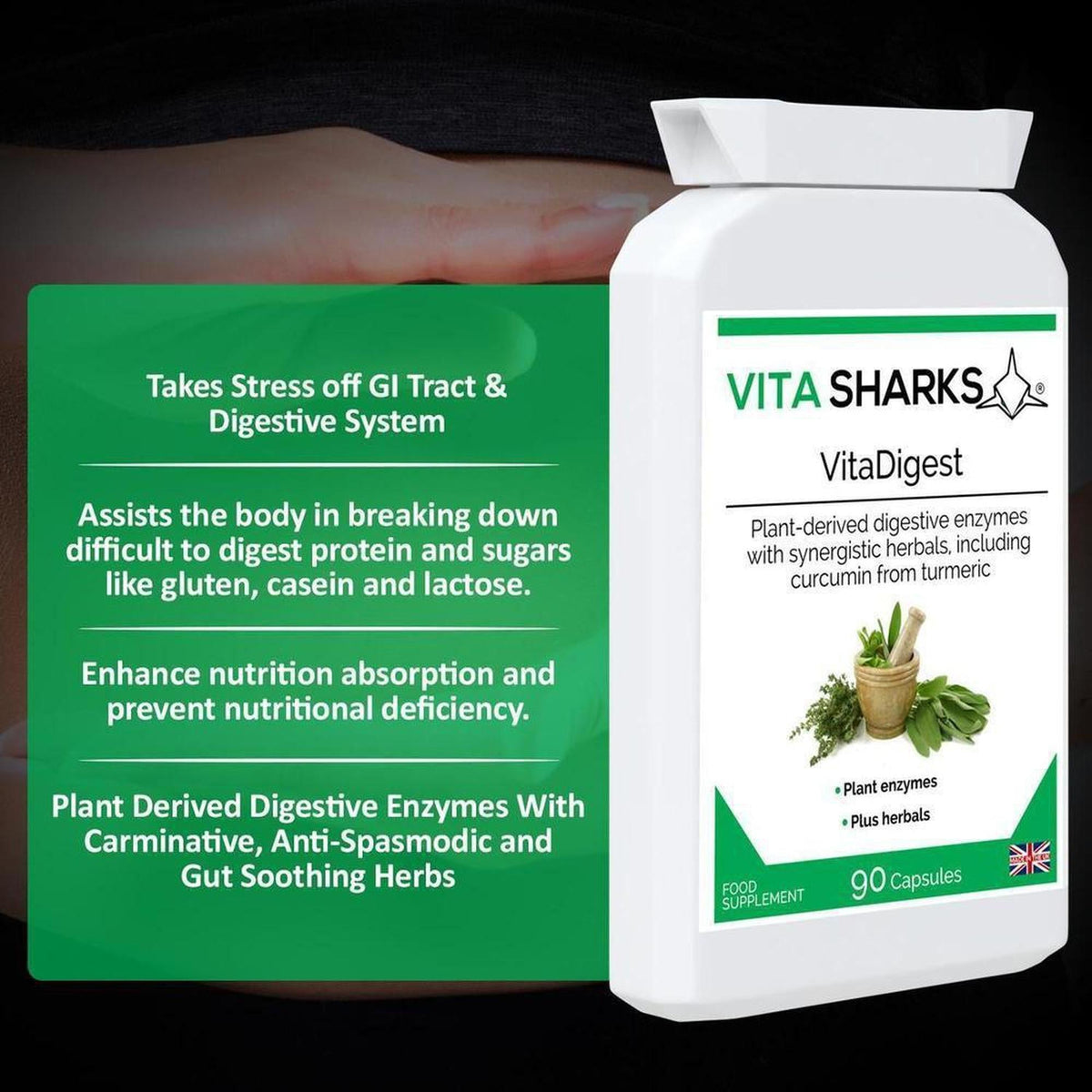 White VitaDigest supplement bottle with green label, 90 capsules, featuring herbal illustrations and digestive benefits.