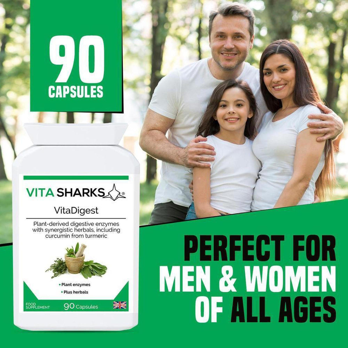 White bottle of VitaDigest 90 capsules with green label featuring herbal illustrations, next to a smiling family outdoors.