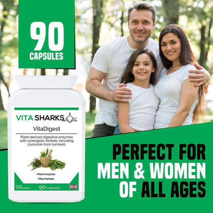 White bottle of VitaDigest 90 capsules with green label featuring herbal illustrations, next to a smiling family outdoors.