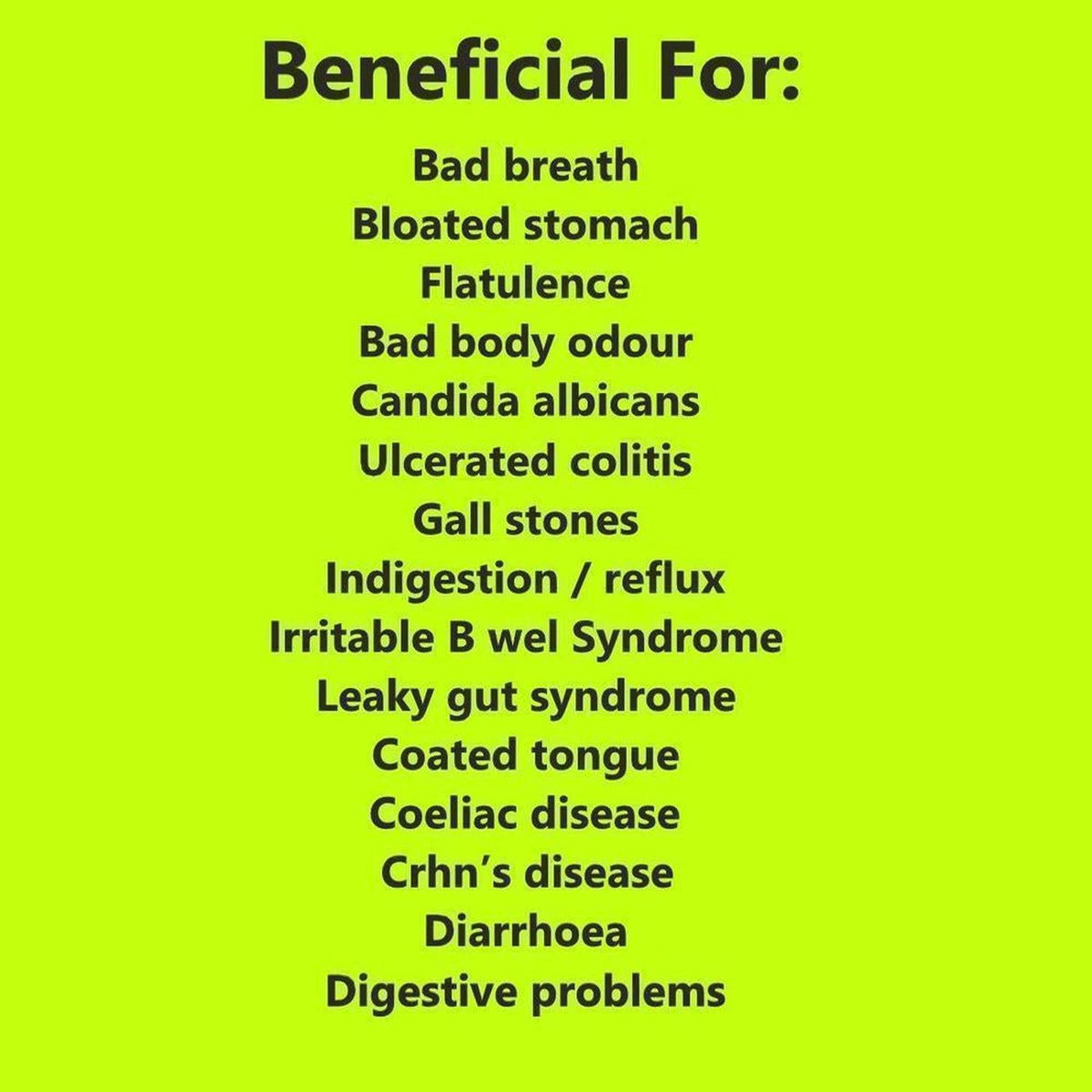 List of digestive health benefits in black text on a bright lime green background for VitaDigest supplement.