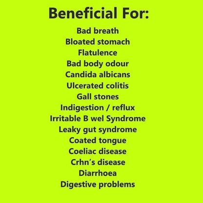 List of digestive health benefits in black text on a bright lime green background for VitaDigest supplement.
