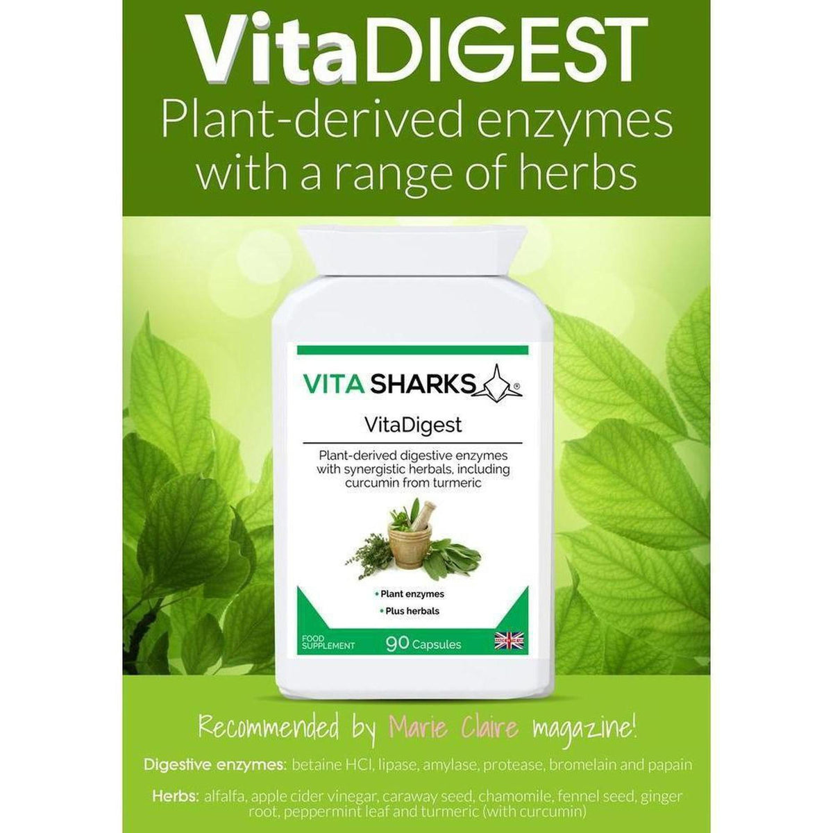 White bottle of VitaDigest 90 capsules with green label featuring herbal illustrations on a bright green background.