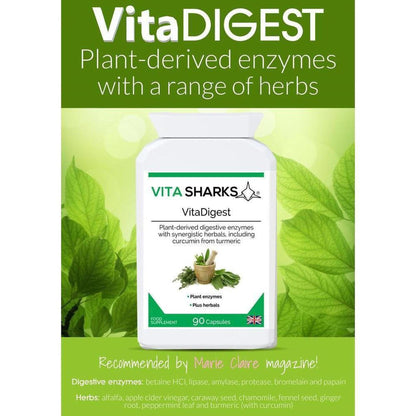White bottle of VitaDigest 90 capsules with green label featuring herbal illustrations on a bright green background.