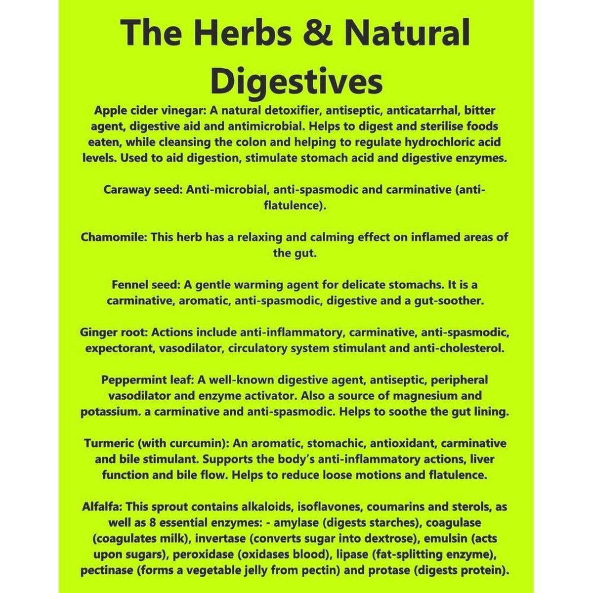 Bright lime green infographic listing natural digestive herbs and their health benefits in black text.