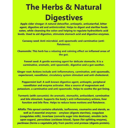 Bright lime green infographic listing natural digestive herbs and their health benefits in black text.