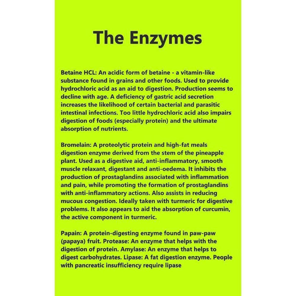 Informative chart on a bright lime green background detailing digestive enzymes like Betaine HCL, Bromelain, and Papain.
