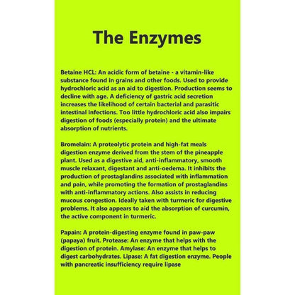 Informative chart on a bright lime green background detailing digestive enzymes like Betaine HCL, Bromelain, and Papain.