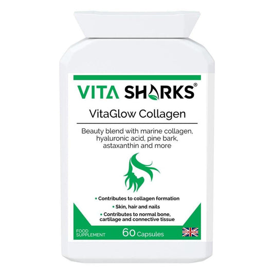 White bottle of VitaGlow Marine Collagen capsules with green branding, text, and a woman's profile icon on the label.