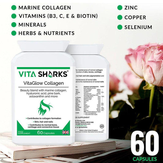 VitaGlow Collagen supplement bottle with white label, ingredient list, and 60 capsule count on a floral background.