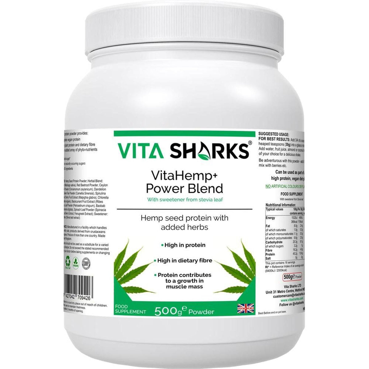 White 500g tub of VitaHemp+ Power Blend protein powder with green branding, ingredient list, and nutritional information.