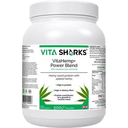 White 500g tub of VitaHemp+ Power Blend protein powder with green branding, ingredient list, and nutritional information.