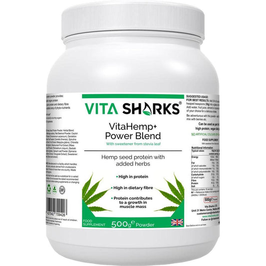 White 500g tub of VitaHemp+ Power Blend protein powder with green branding, ingredient list, and nutritional information.