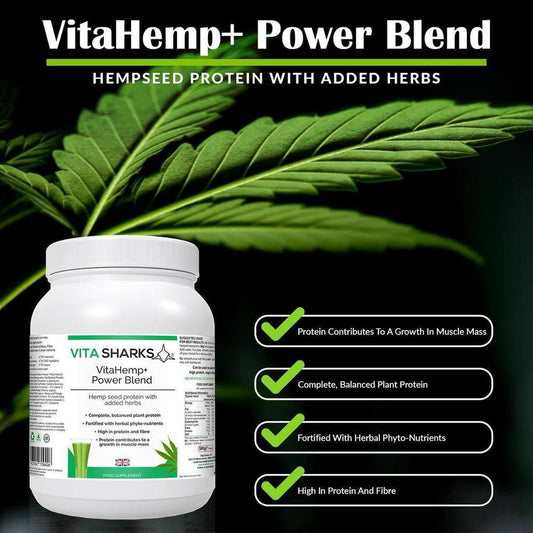 VitaHemp+ Power Blend white protein tub with green label, hemp leaf background, and four benefit checkmarks.