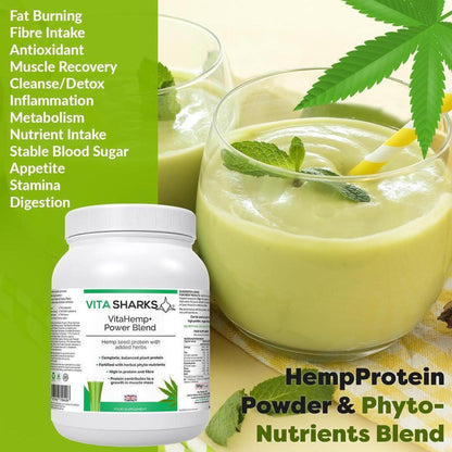 VitaHemp+ Power Blend 500g tub next to a glass of green superfood smoothie with a mint garnish and hemp leaf.