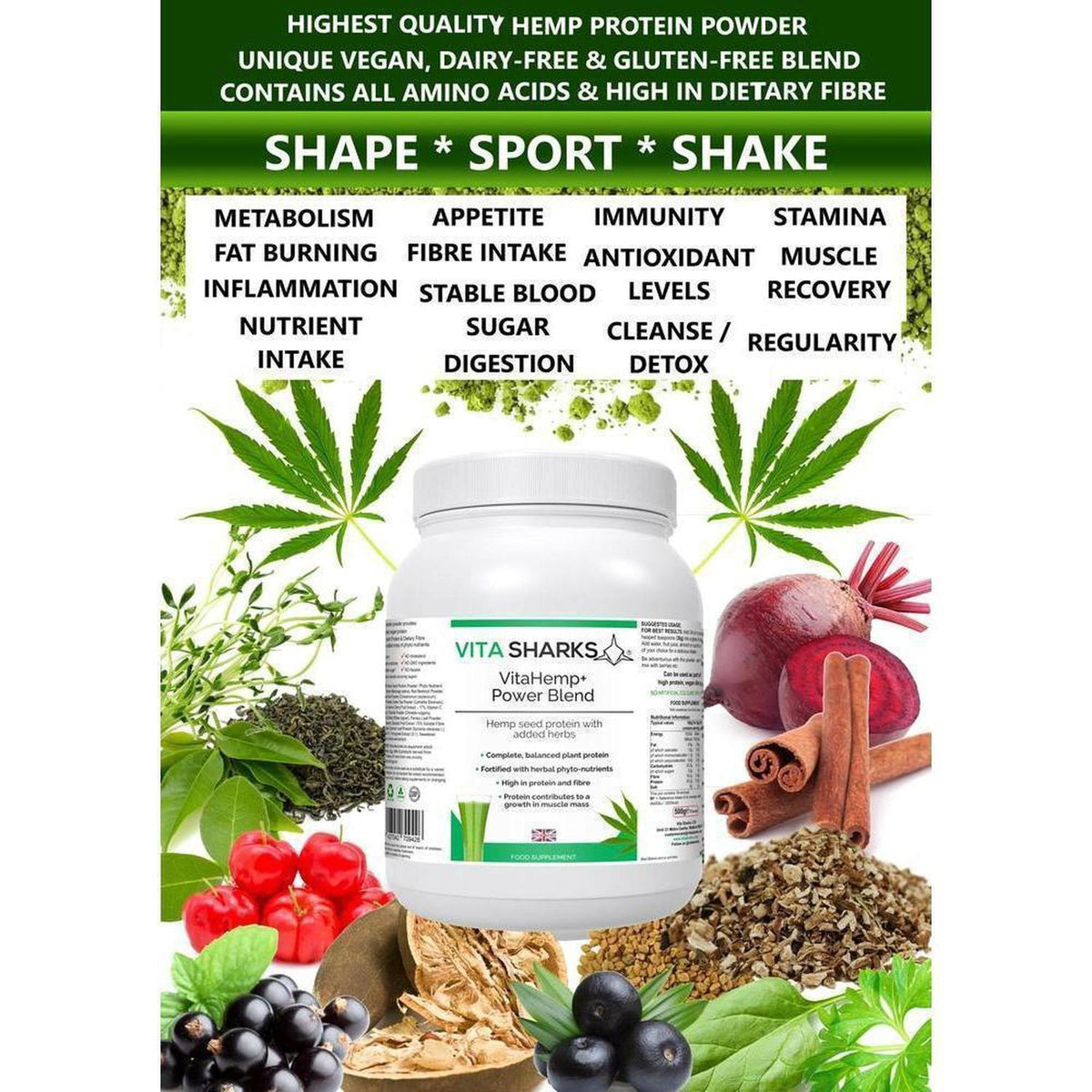 VitaHemp+ Power Blend protein powder tub surrounded by hemp leaves, beet, cinnamon sticks, and berries on a white background.