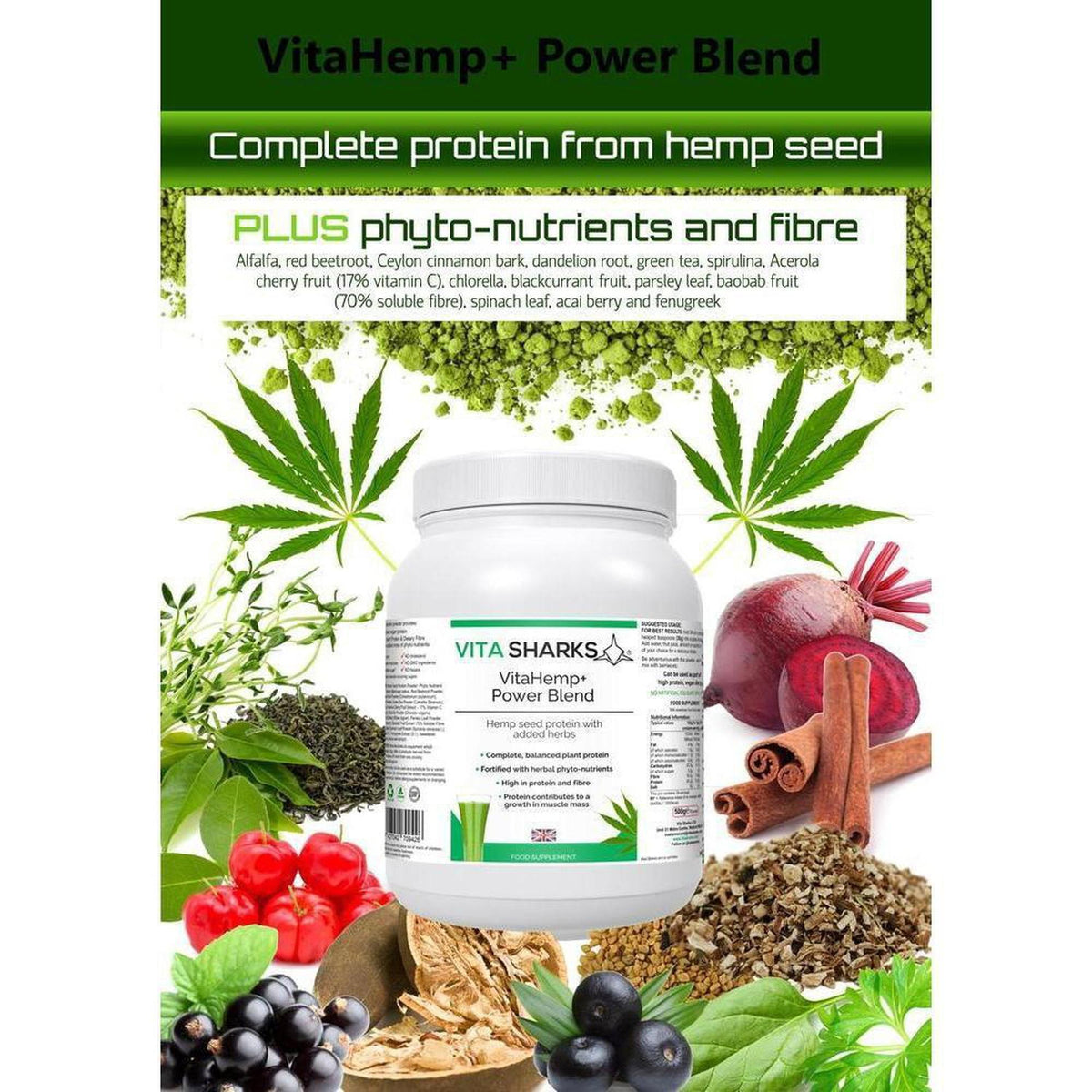 VitaHemp+ Power Blend protein powder jar surrounded by hemp leaves, beetroot, cinnamon sticks, and fresh berries.