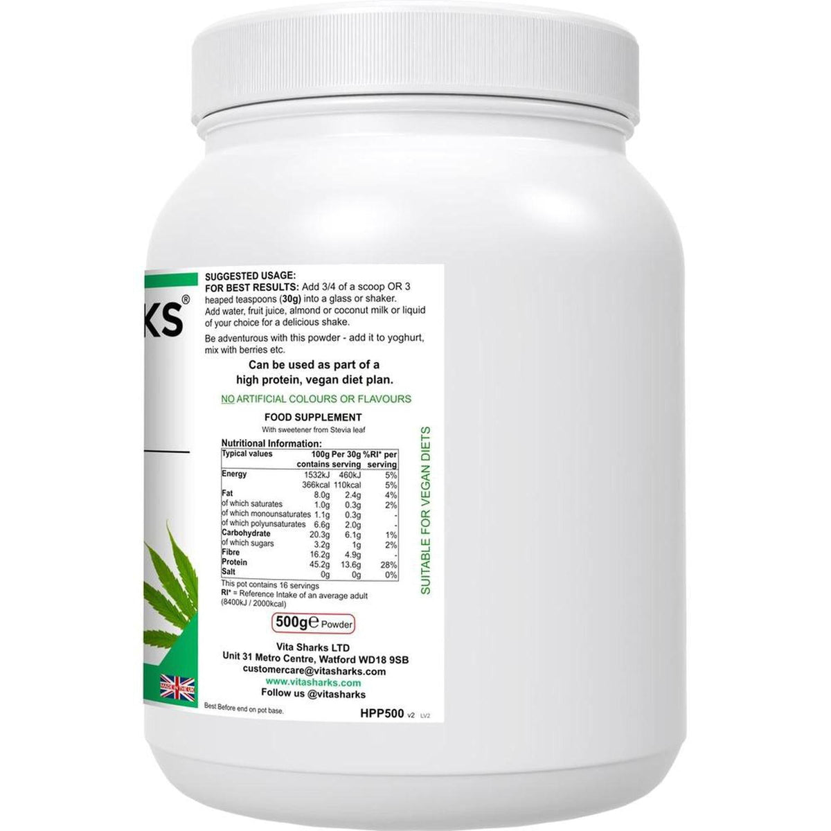 White plastic tub of VitaHemp+ Power Blend showing nutritional information, suggested usage, and a green hemp leaf logo.