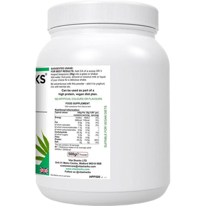 White plastic tub of VitaHemp+ Power Blend showing nutritional information, suggested usage, and a green hemp leaf logo.