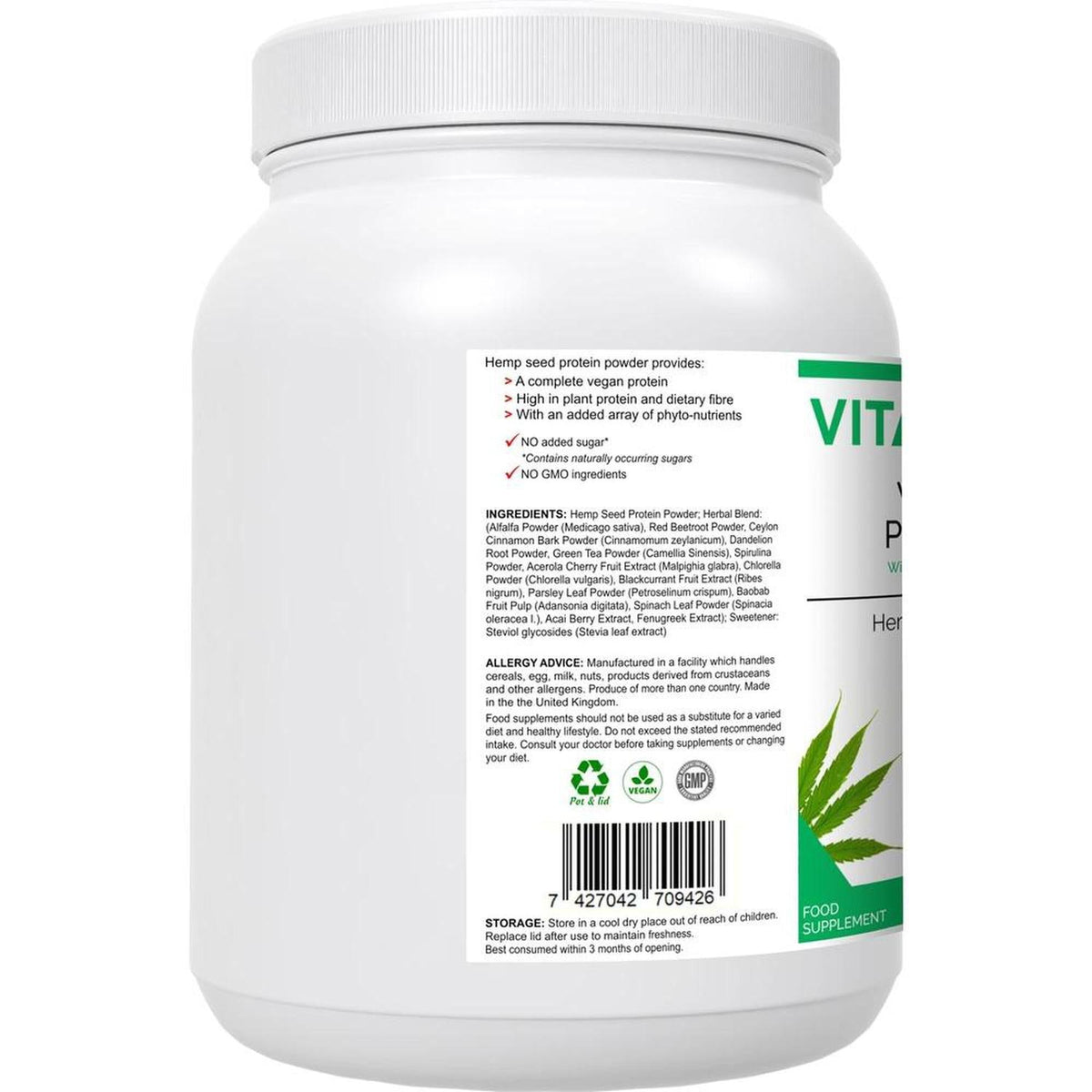 White plastic tub of VitaHemp+ Power Blend protein powder with a detailed ingredient label and green hemp leaf logo.